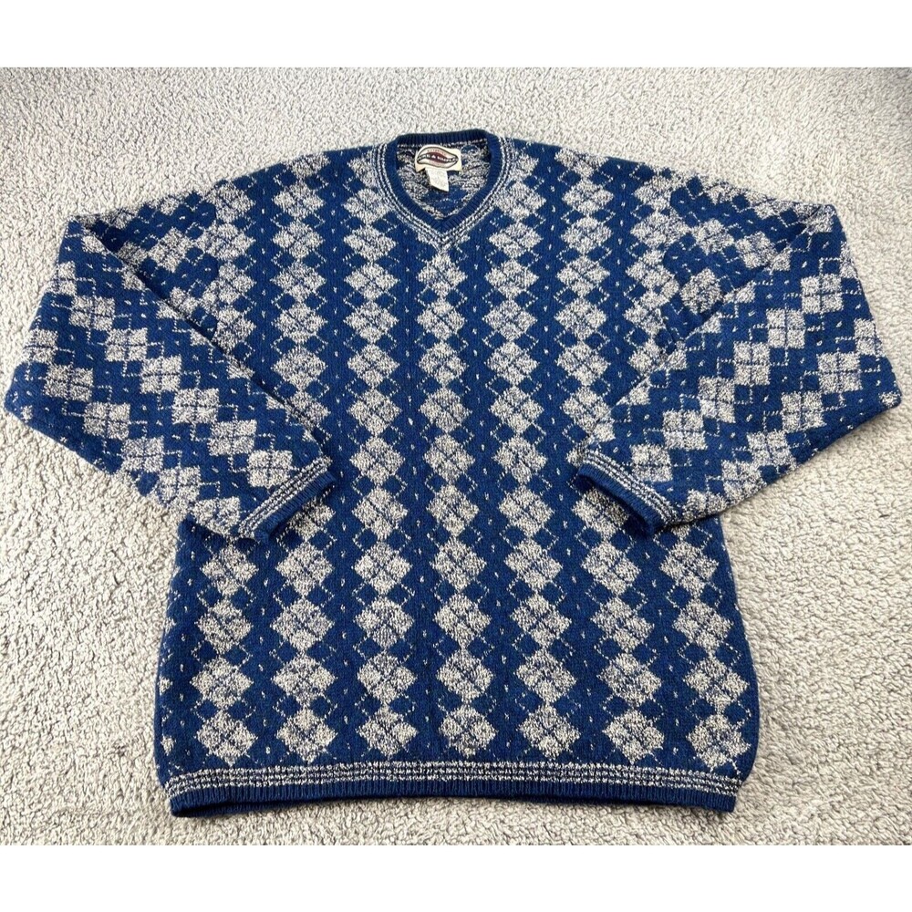 Pure & Simple Lambswool Sweater Mens Large Blue Diamond Argyle Gray Wool
